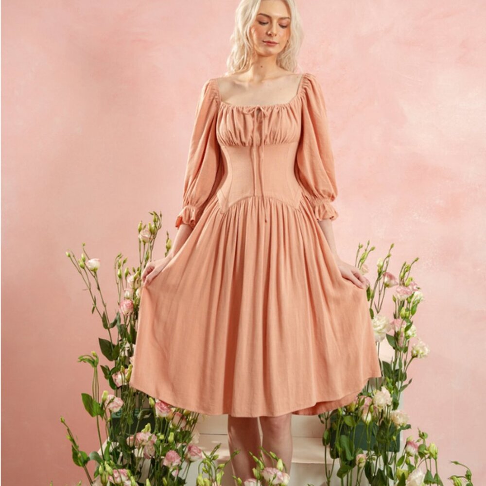 Organic Linen Cottage Core Peasant Dress NEW